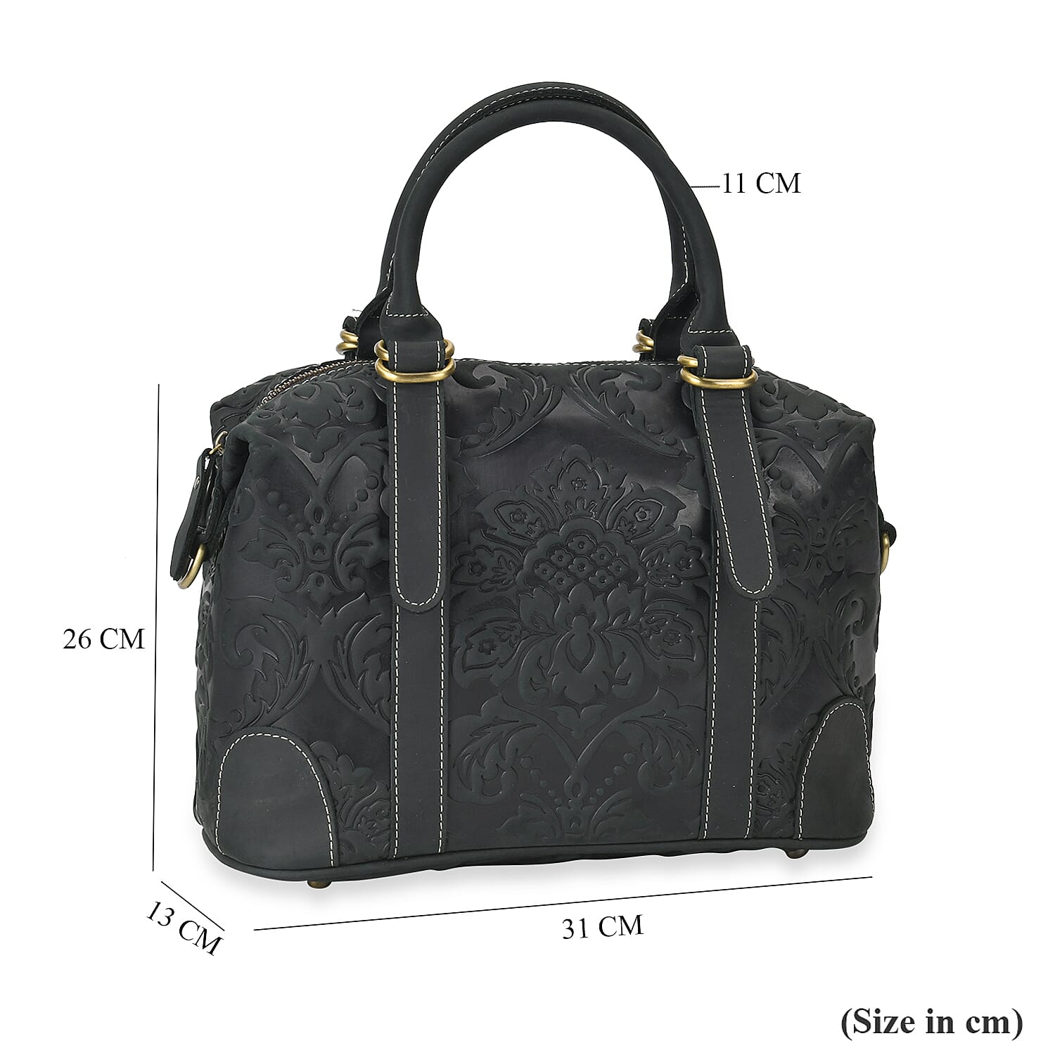 Vintage Boutique - Floral Embossed Genuine Leather Tote Bag With Long Shoulder Strap - Dark Green