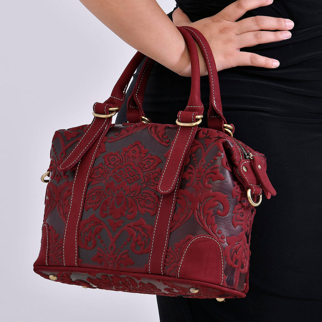 Vintage Boutique - Floral Embossed Genuine Leather Tote Bag With Long Shoulder Strap - Burgundy