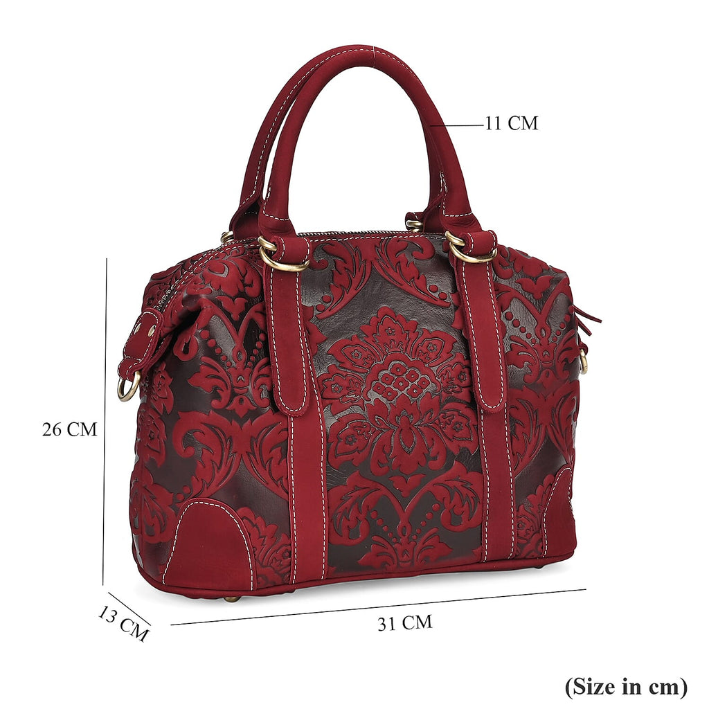 Vintage Boutique - Floral Embossed Genuine Leather Tote Bag With Long Shoulder Strap - Burgundy
