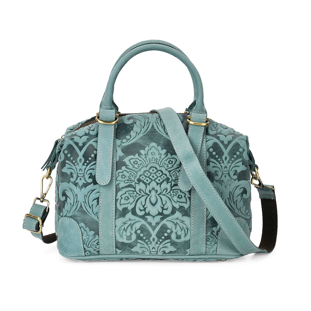 Vintage Boutique - Floral Embossed Genuine Leather Tote Bag With Long Shoulder Strap - Mint