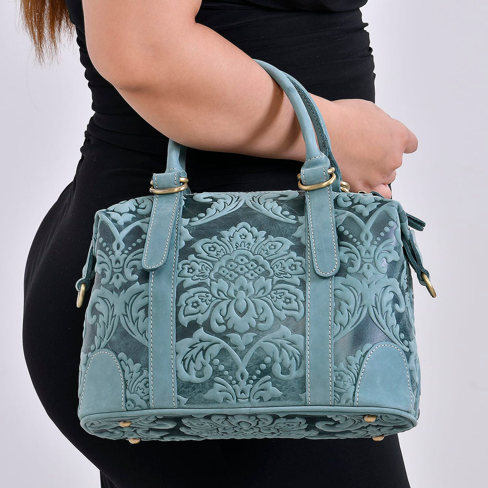 Vintage Boutique - Floral Embossed Genuine Leather Tote Bag With Long Shoulder Strap - Mint