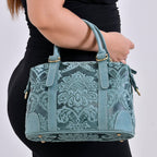 Vintage Boutique - Floral Embossed Genuine Leather Tote Bag With Long Shoulder Strap - Mint