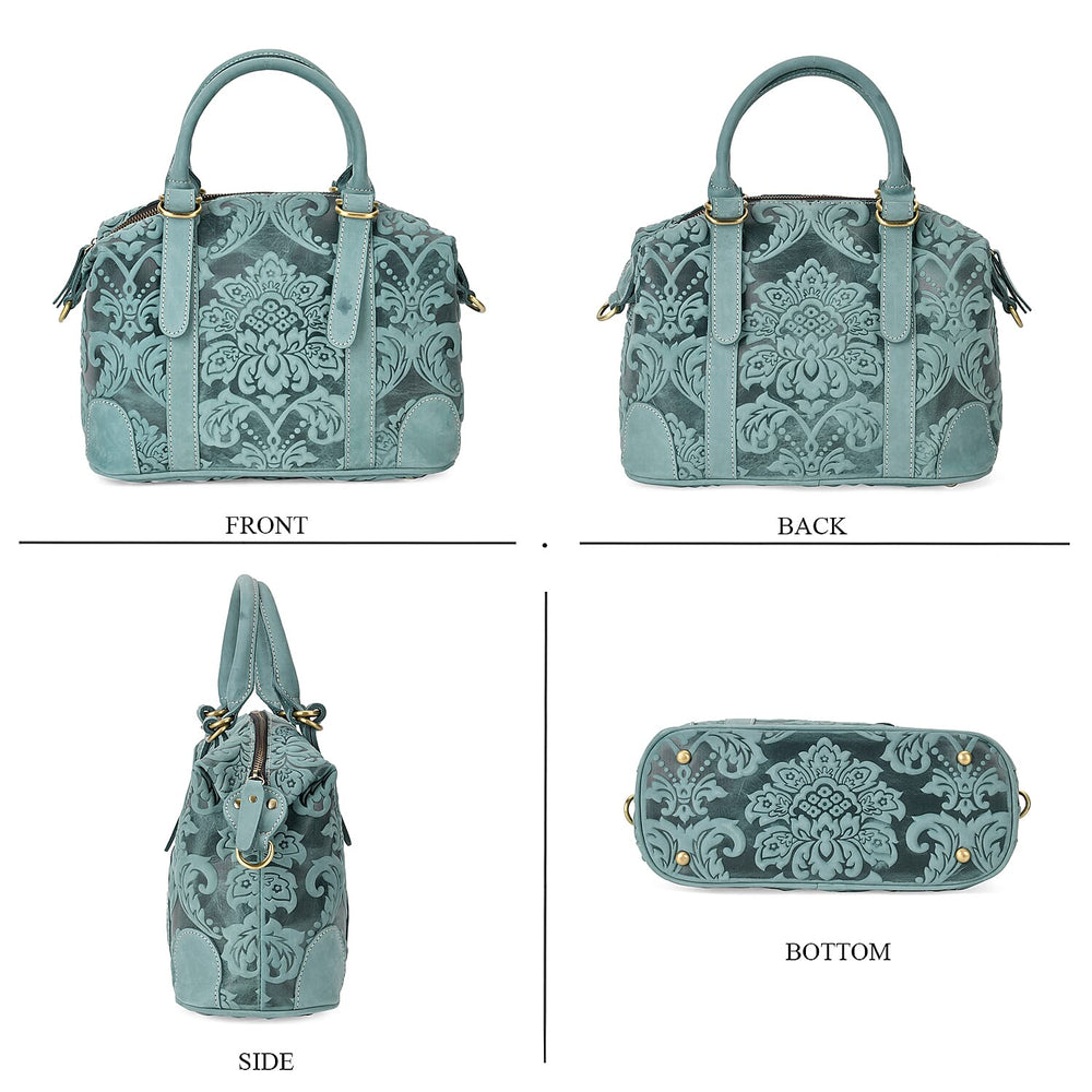 Vintage Boutique - Floral Embossed Genuine Leather Tote Bag With Long Shoulder Strap - Mint