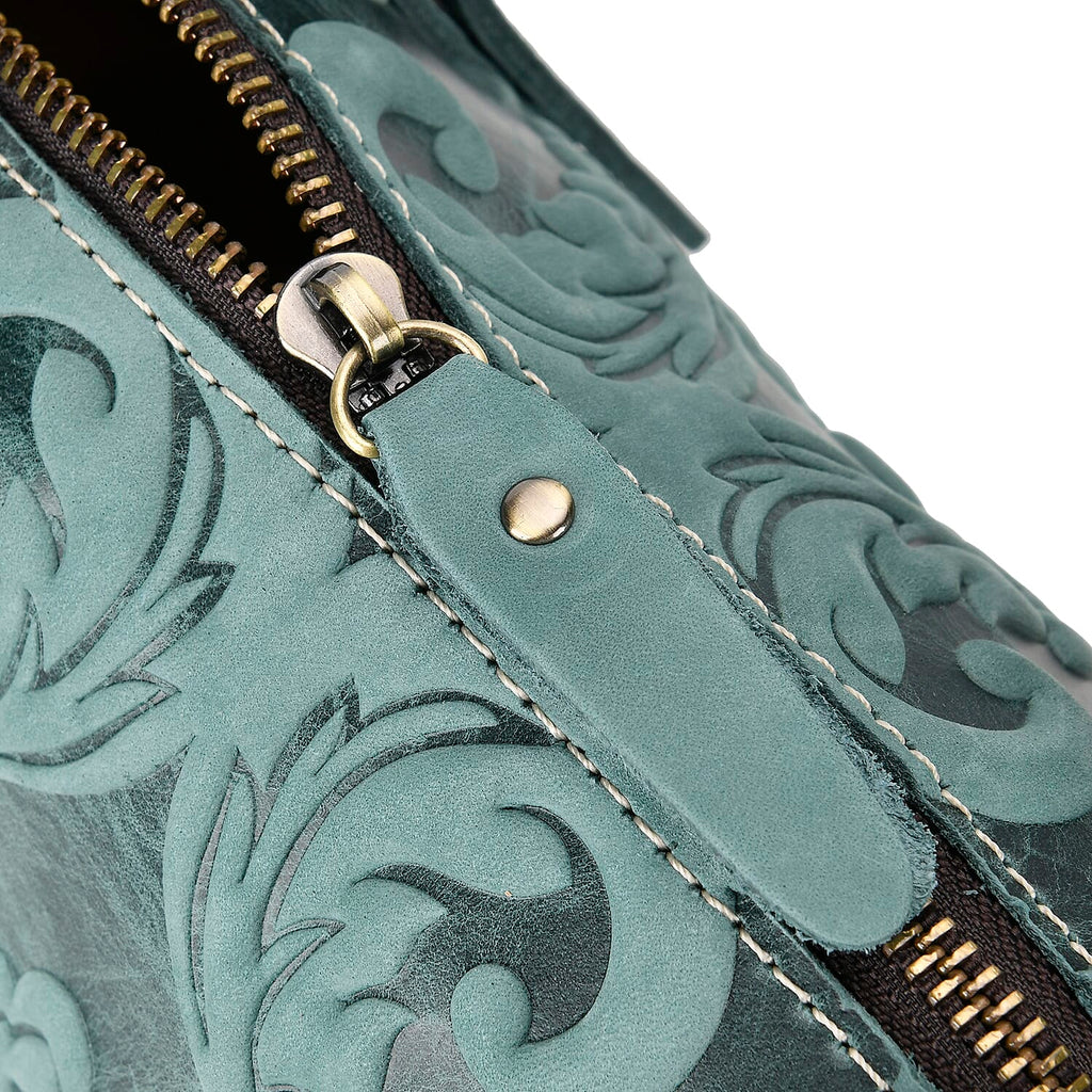 Vintage Boutique - Floral Embossed Genuine Leather Tote Bag With Long Shoulder Strap - Mint