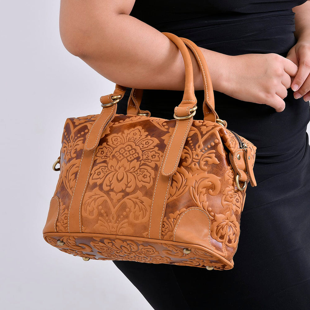 Vintage Boutique - Floral Embossed Genuine Leather Tote Bag With Long Shoulder Strap - Tan