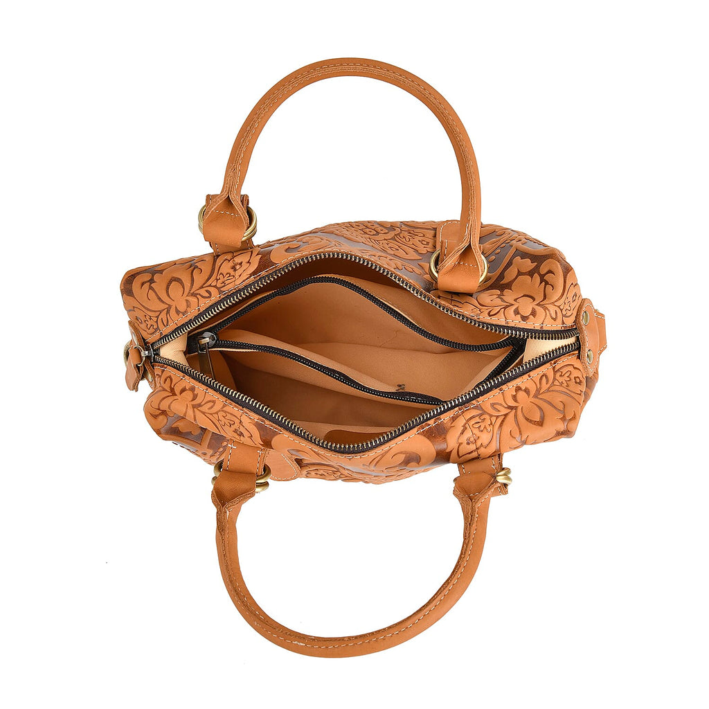 Vintage Boutique - Floral Embossed Genuine Leather Tote Bag With Long Shoulder Strap - Tan