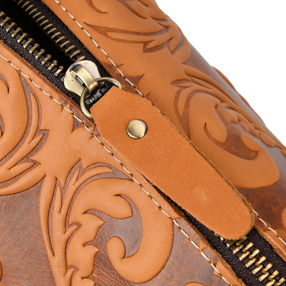 Vintage Boutique - Floral Embossed Genuine Leather Tote Bag With Long Shoulder Strap - Tan