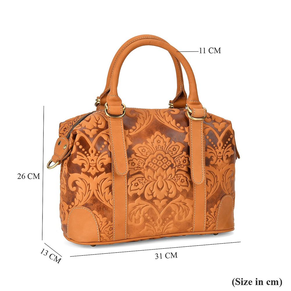 Vintage Boutique - Floral Embossed Genuine Leather Tote Bag With Long Shoulder Strap - Tan