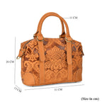 Vintage Boutique - Floral Embossed Genuine Leather Tote Bag With Long Shoulder Strap - Tan