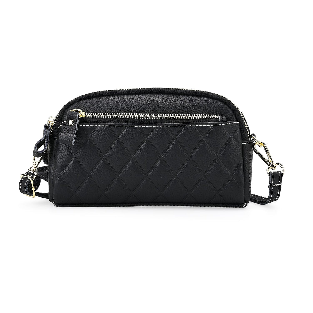 Mega Closeout - 100% Genuine Leather Embossed Crossbody Bag - Black