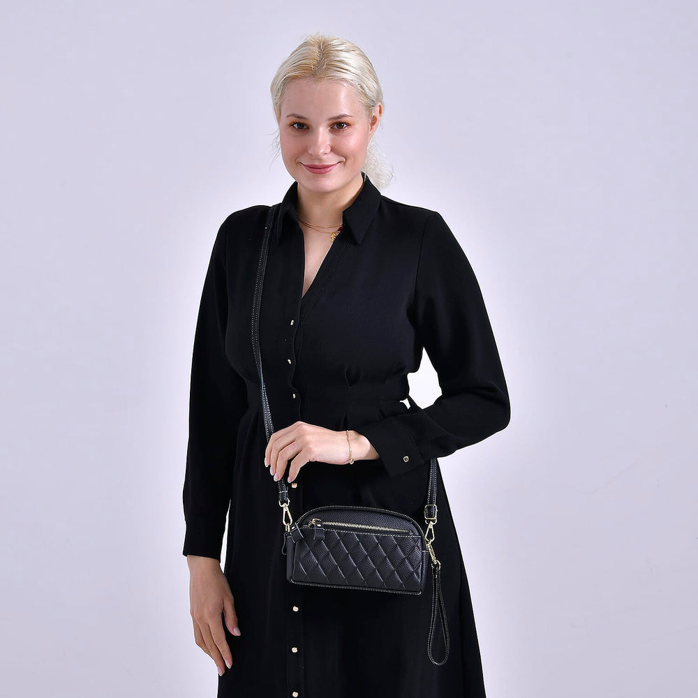 Mega Closeout - 100% Genuine Leather Embossed Crossbody Bag - Black
