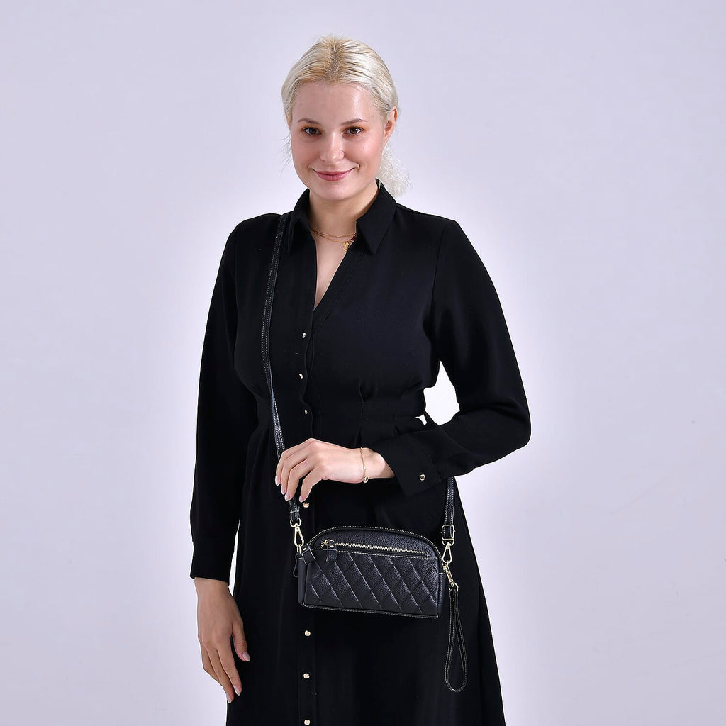 Mega Closeout - 100% Genuine Leather Embossed Crossbody Bag - Black