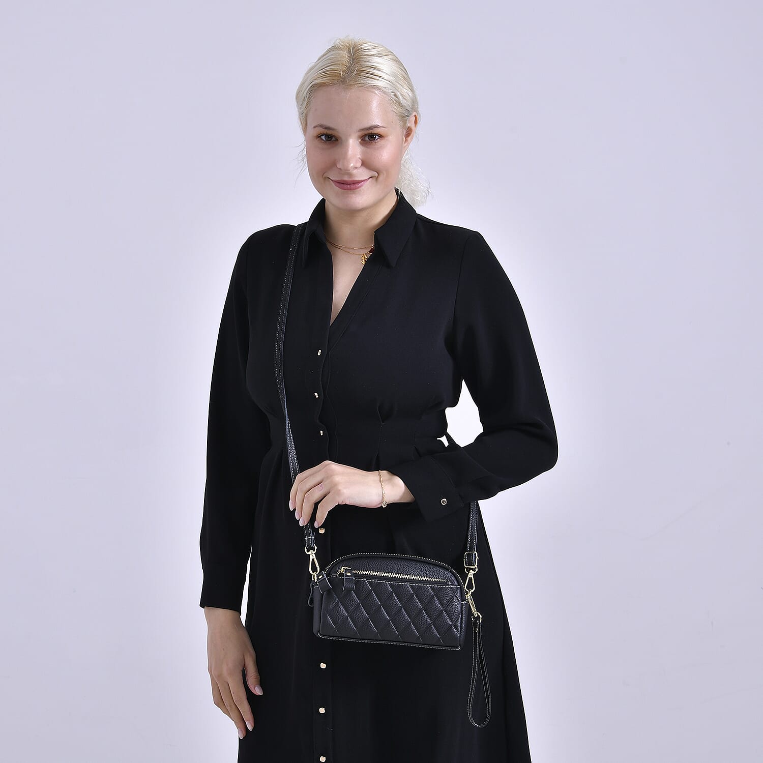 Mega Closeout - 100% Genuine Leather Embossed Crossbody Bag - Black