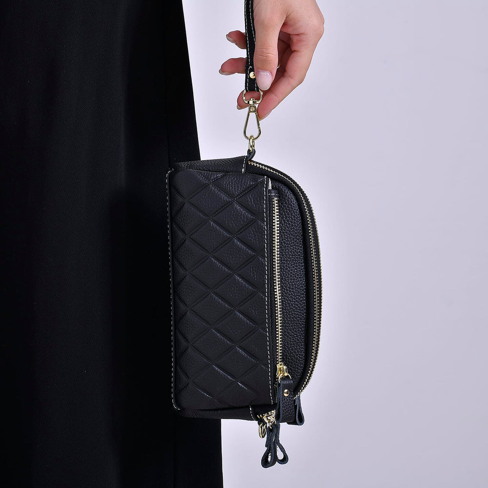 Mega Closeout - 100% Genuine Leather Embossed Crossbody Bag - Black