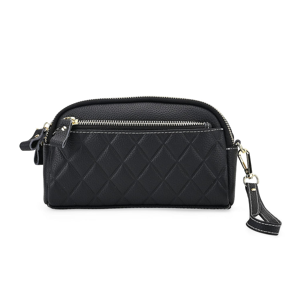 Mega Closeout - 100% Genuine Leather Embossed Crossbody Bag - Black
