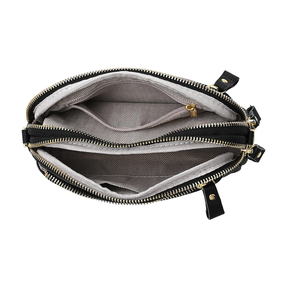 Mega Closeout - 100% Genuine Leather Embossed Crossbody Bag - Black
