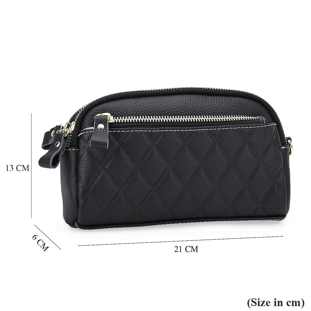 Mega Closeout - 100% Genuine Leather Embossed Crossbody Bag - Black