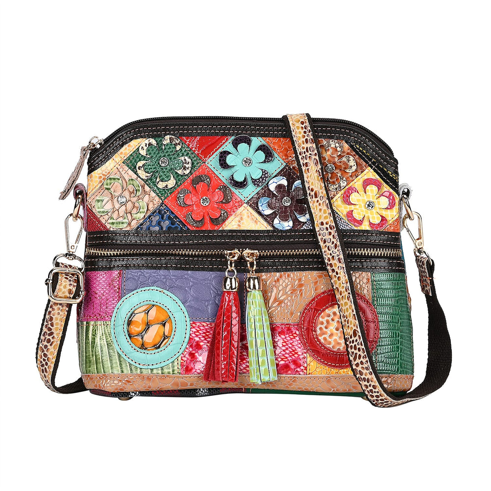 Colour Chaos Couture - Genuine Leather Flower Crossbody Bag (Size 25x10x22 cm) - Multi Color & Multicolor