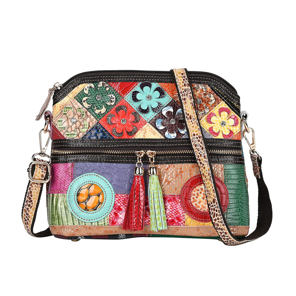 Colour Chaos Couture - Genuine Leather Flower Crossbody Bag (Size 25x10x22 cm) - Multi Color & Multicolor