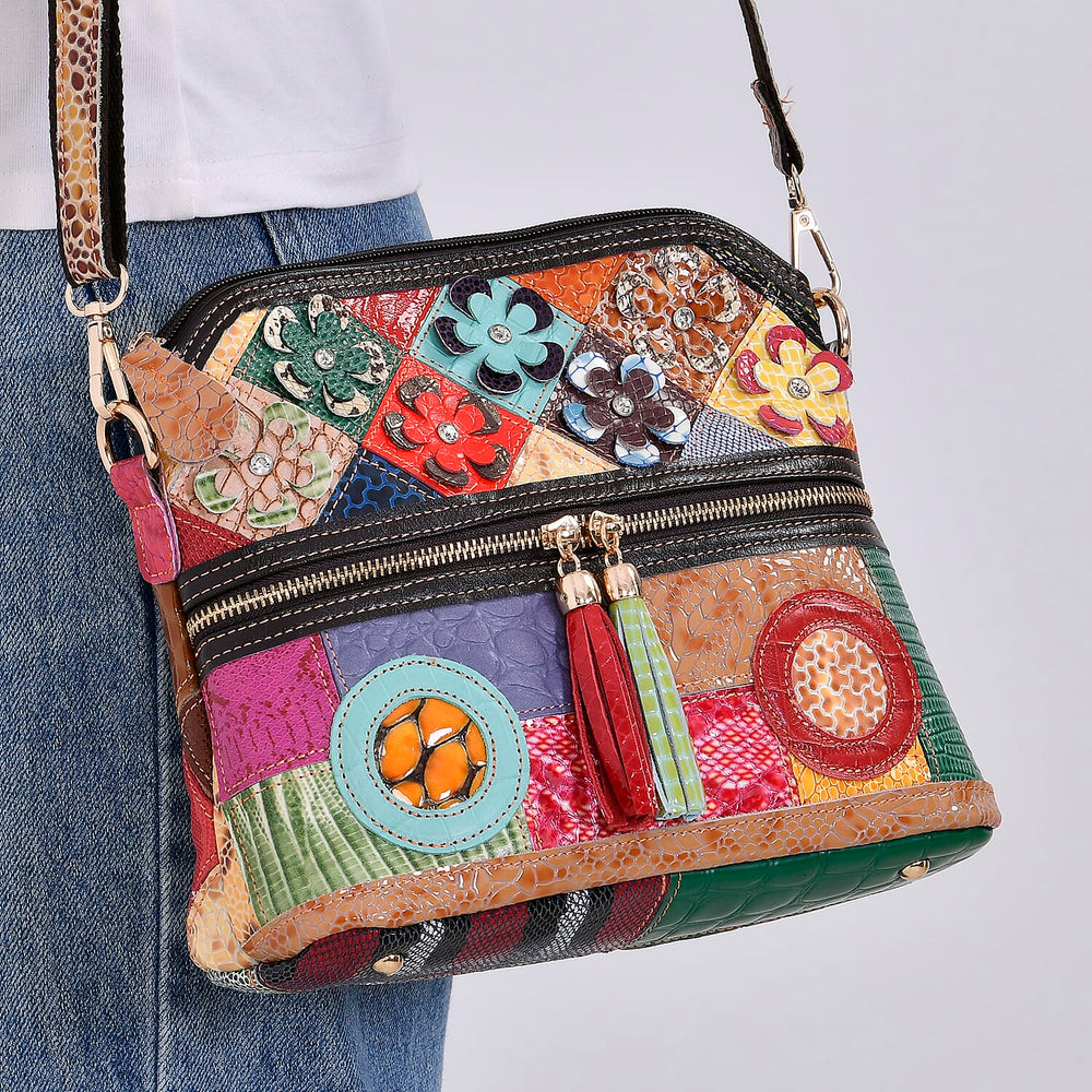 Colour Chaos Couture - Genuine Leather Flower Crossbody Bag (Size 25x10x22 cm) - Multi Color & Multicolor