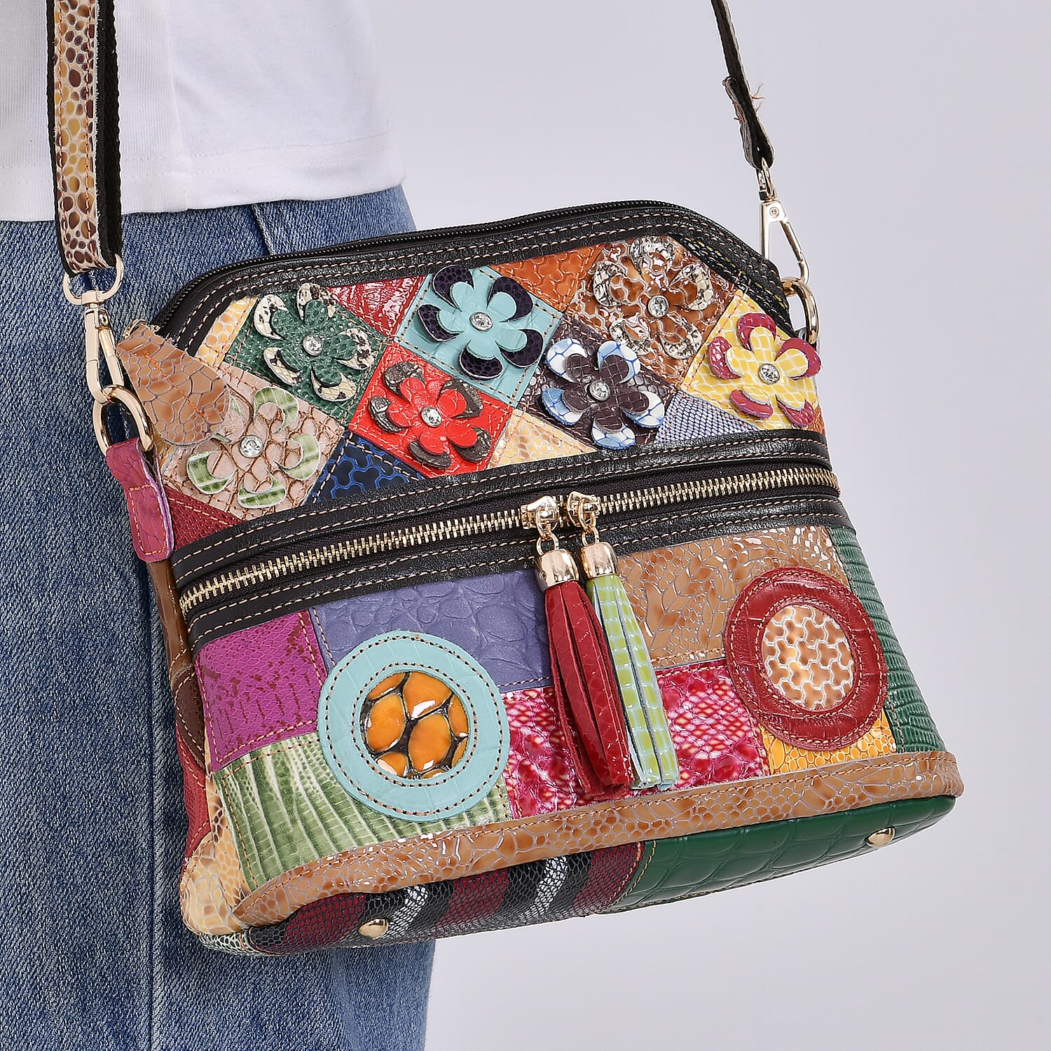 Colour Chaos Couture - Genuine Leather Flower Crossbody Bag (Size 25x10x22 cm) - Multi Color & Multicolor