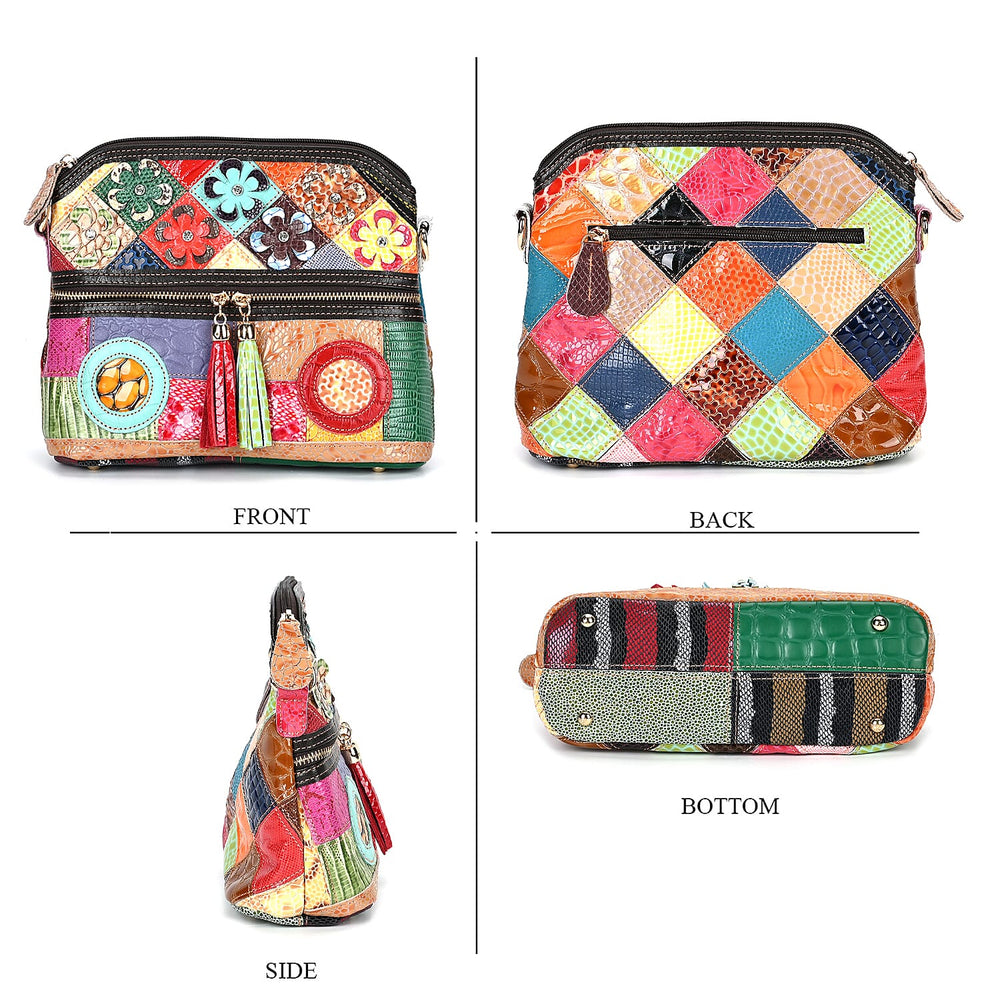 Colour Chaos Couture - Genuine Leather Flower Crossbody Bag (Size 25x10x22 cm) - Multi Color & Multicolor