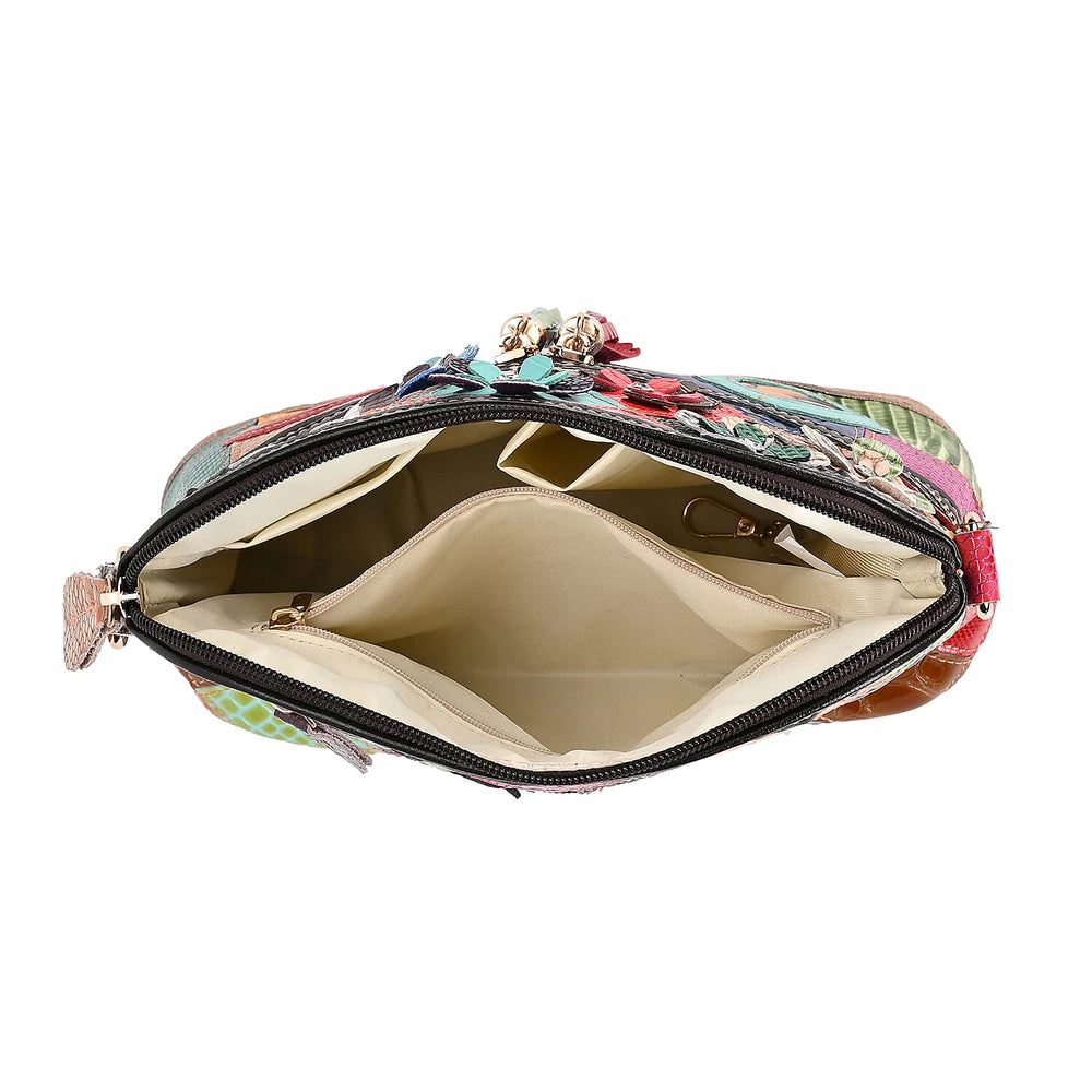 Colour Chaos Couture - Genuine Leather Flower Crossbody Bag (Size 25x10x22 cm) - Multi Color & Multicolor
