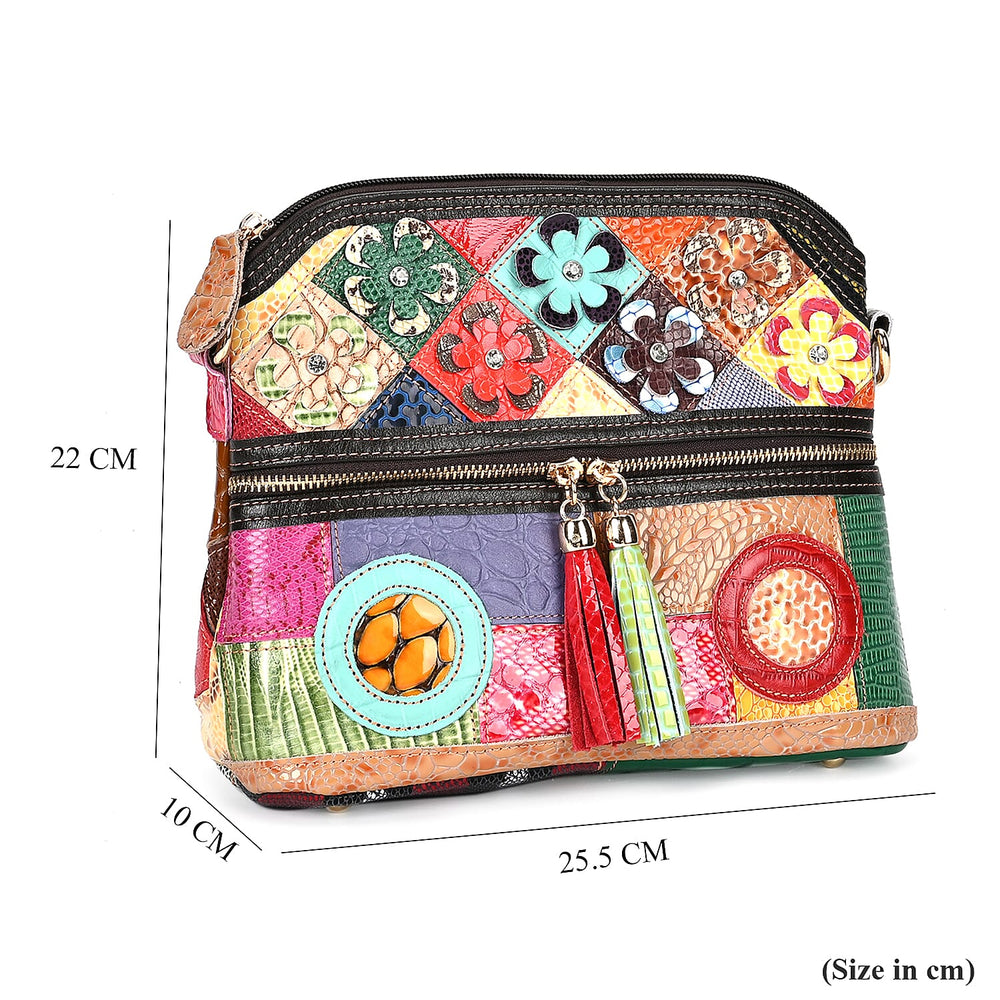 Colour Chaos Couture - Genuine Leather Flower Crossbody Bag (Size 25x10x22 cm) - Multi Color & Multicolor