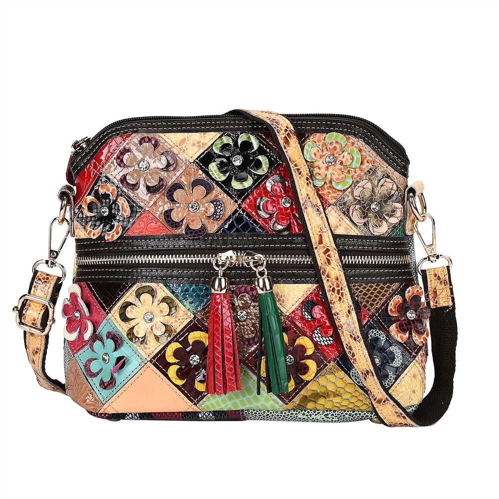 Colour Chaos Couture - Genuine Leather Flower Crossbody Bag (Size 25x10x22 cm) - Multi Color & Multicolor
