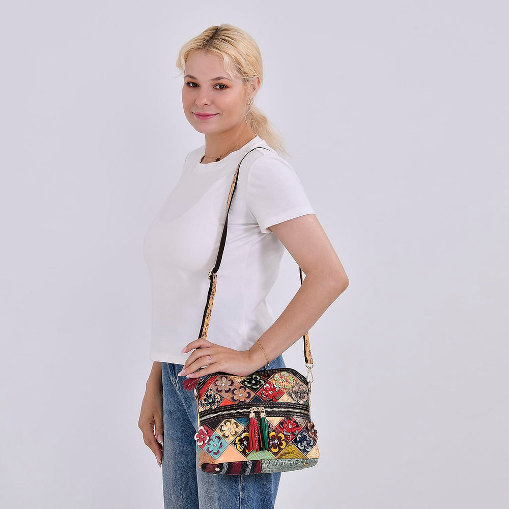 Colour Chaos Couture - Genuine Leather Flower Crossbody Bag (Size 25x10x22 cm) - Multi Color & Multicolor