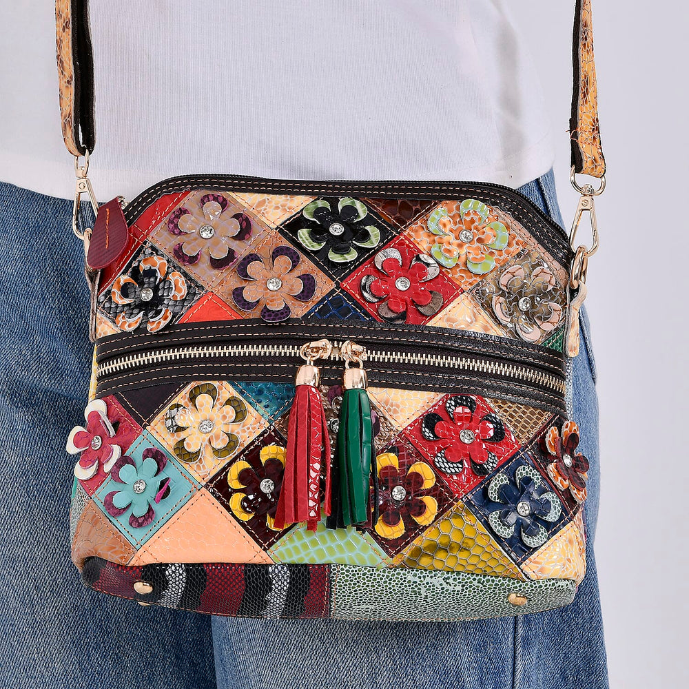 Colour Chaos Couture - Genuine Leather Flower Crossbody Bag (Size 25x10x22 cm) - Multi Color & Multicolor