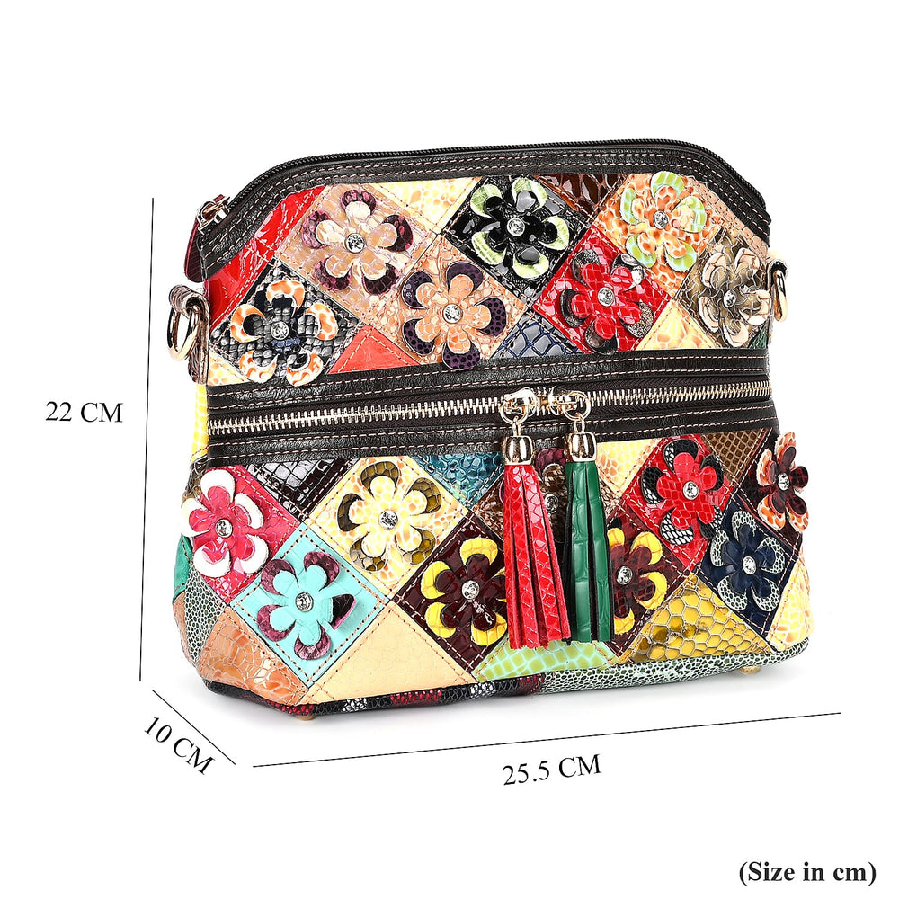 Colour Chaos Couture - Genuine Leather Flower Crossbody Bag (Size 25x10x22 cm) - Multi Color & Multicolor