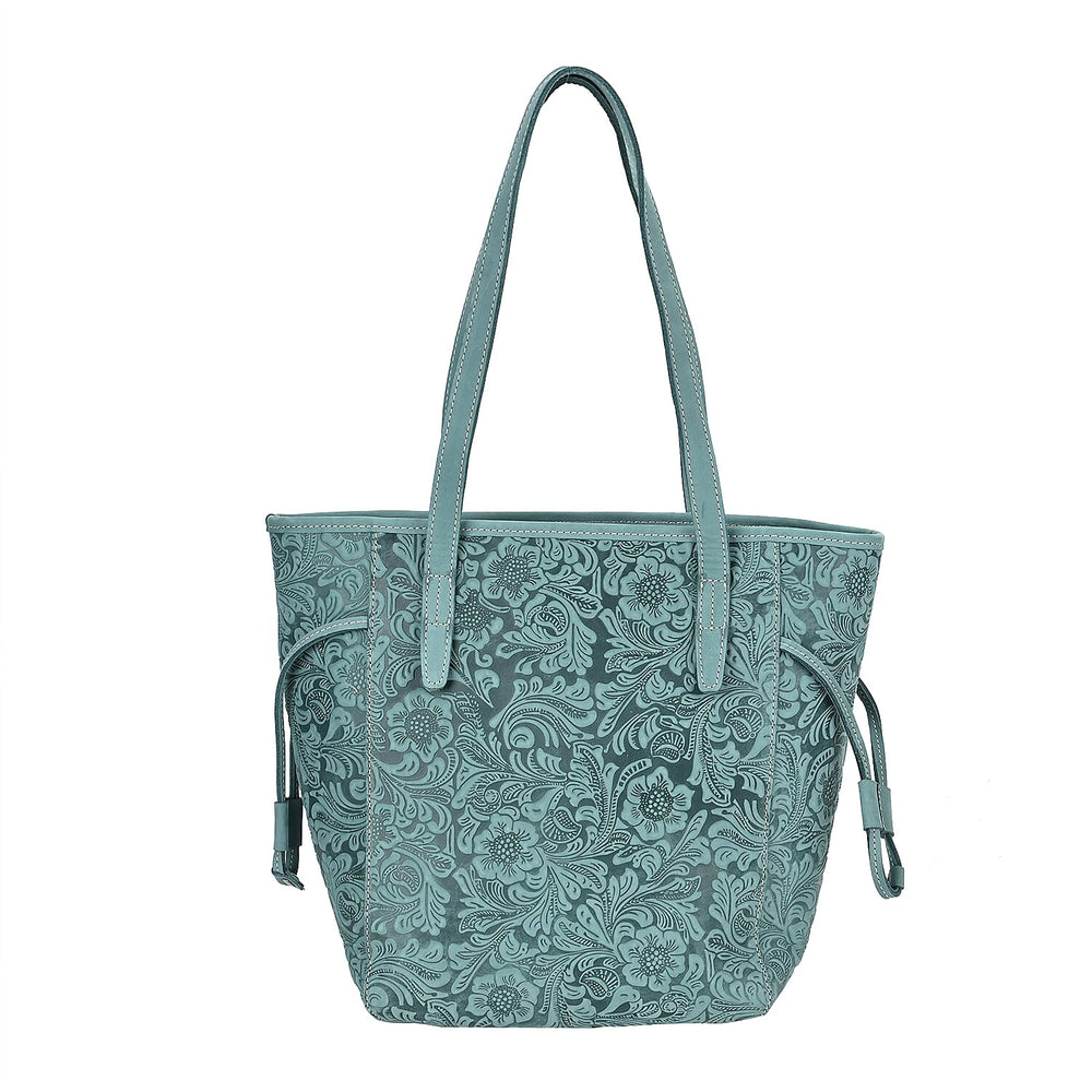 100% Geniune Leather Floral Embossed Tote Bag - Green