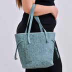 100% Geniune Leather Floral Embossed Tote Bag - Green