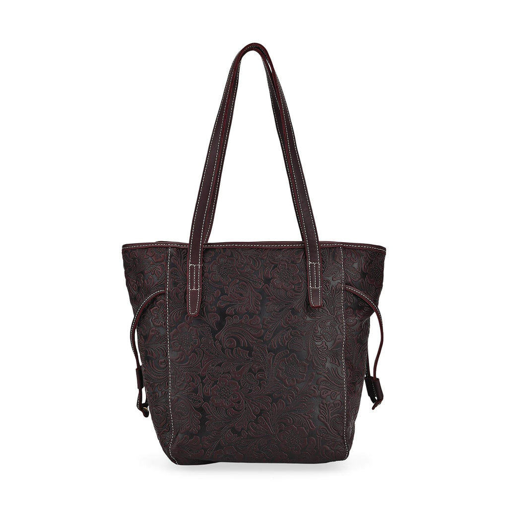 100% Genuine Leather Floral Embossed Tote Bag - Dark Coffee