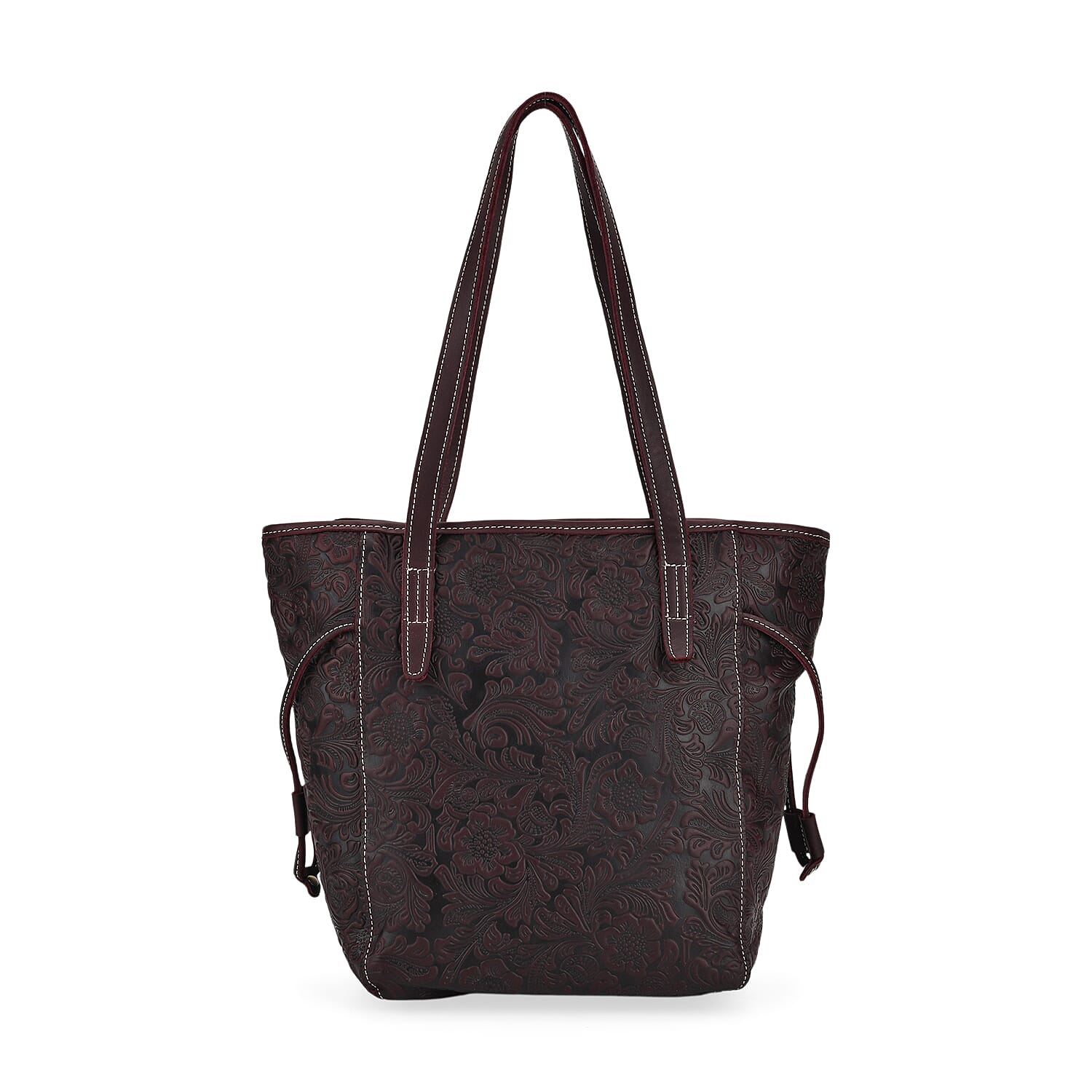 100% Genuine Leather Floral Embossed Tote Bag - Dark Coffee