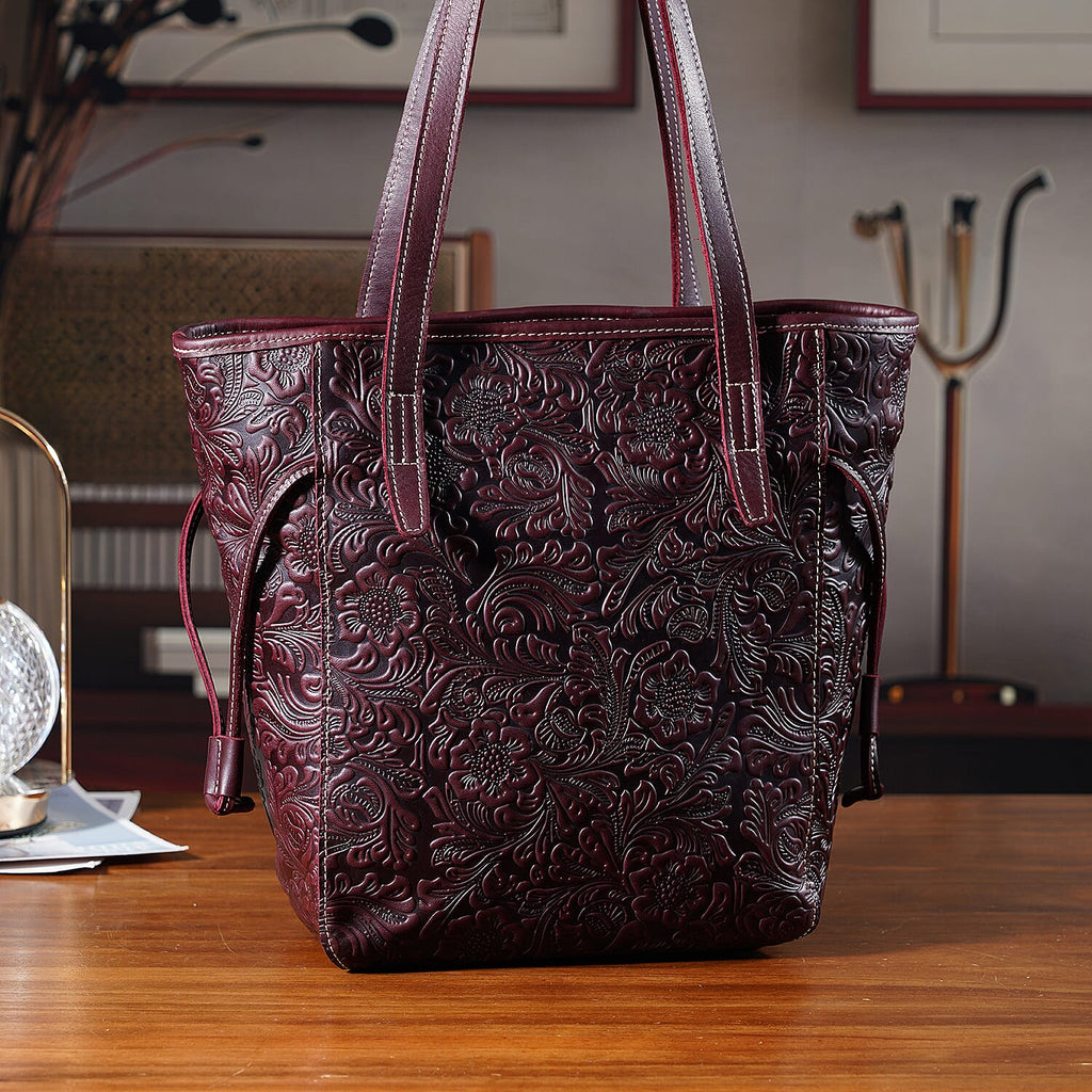 100% Genuine Leather Floral Embossed Tote Bag - Dark Coffee