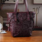100% Genuine Leather Floral Embossed Tote Bag - Dark Coffee