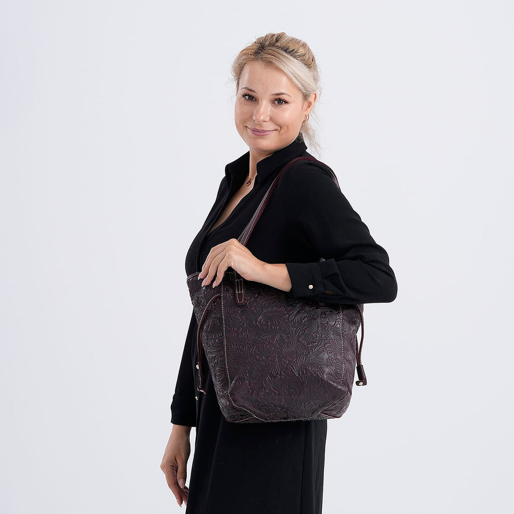 100% Genuine Leather Floral Embossed Tote Bag - Dark Coffee