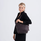 100% Genuine Leather Floral Embossed Tote Bag - Dark Coffee
