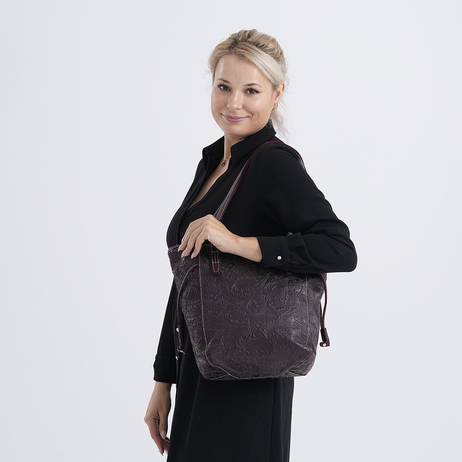 100% Genuine Leather Floral Embossed Tote Bag - Dark Coffee
