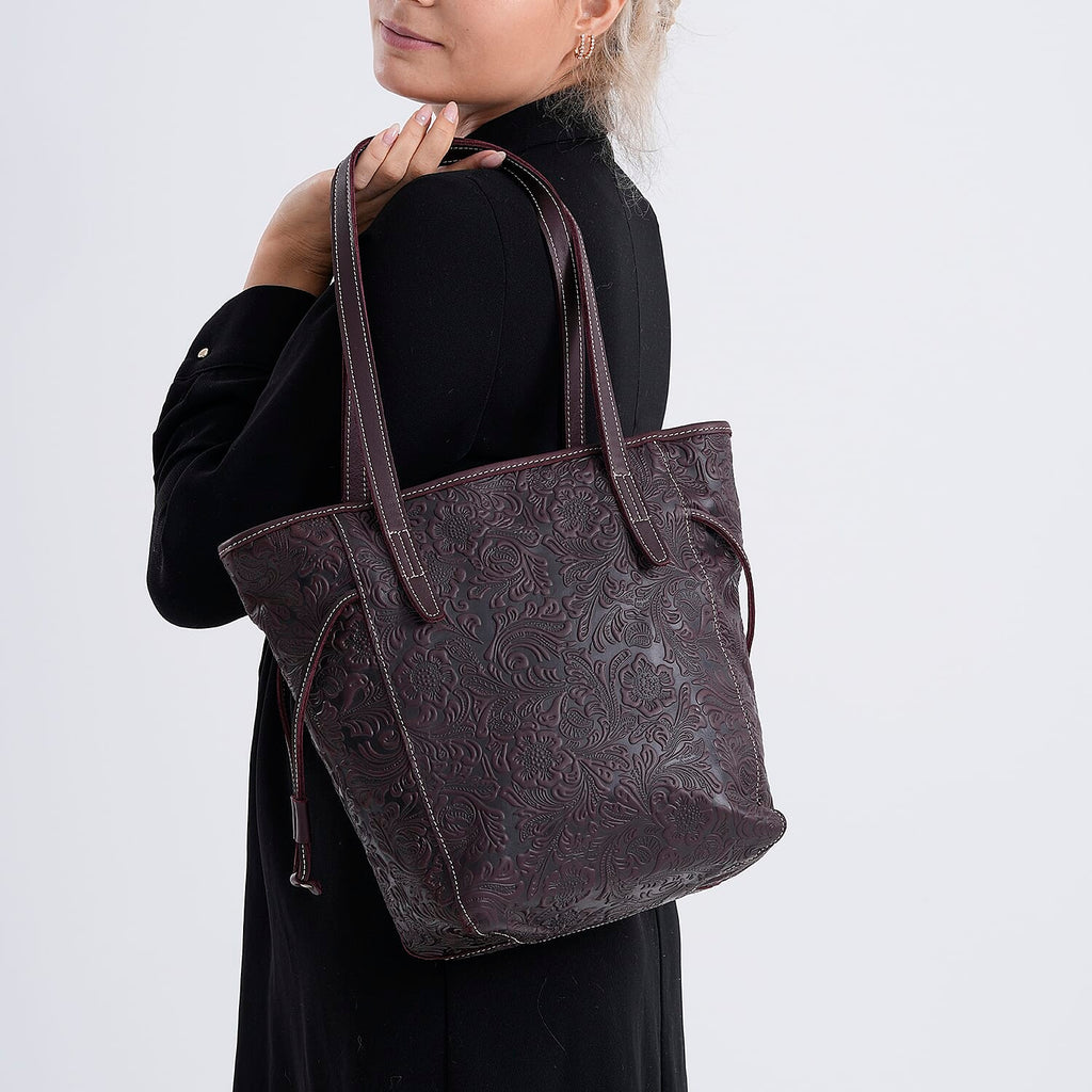 100% Genuine Leather Floral Embossed Tote Bag - Dark Coffee