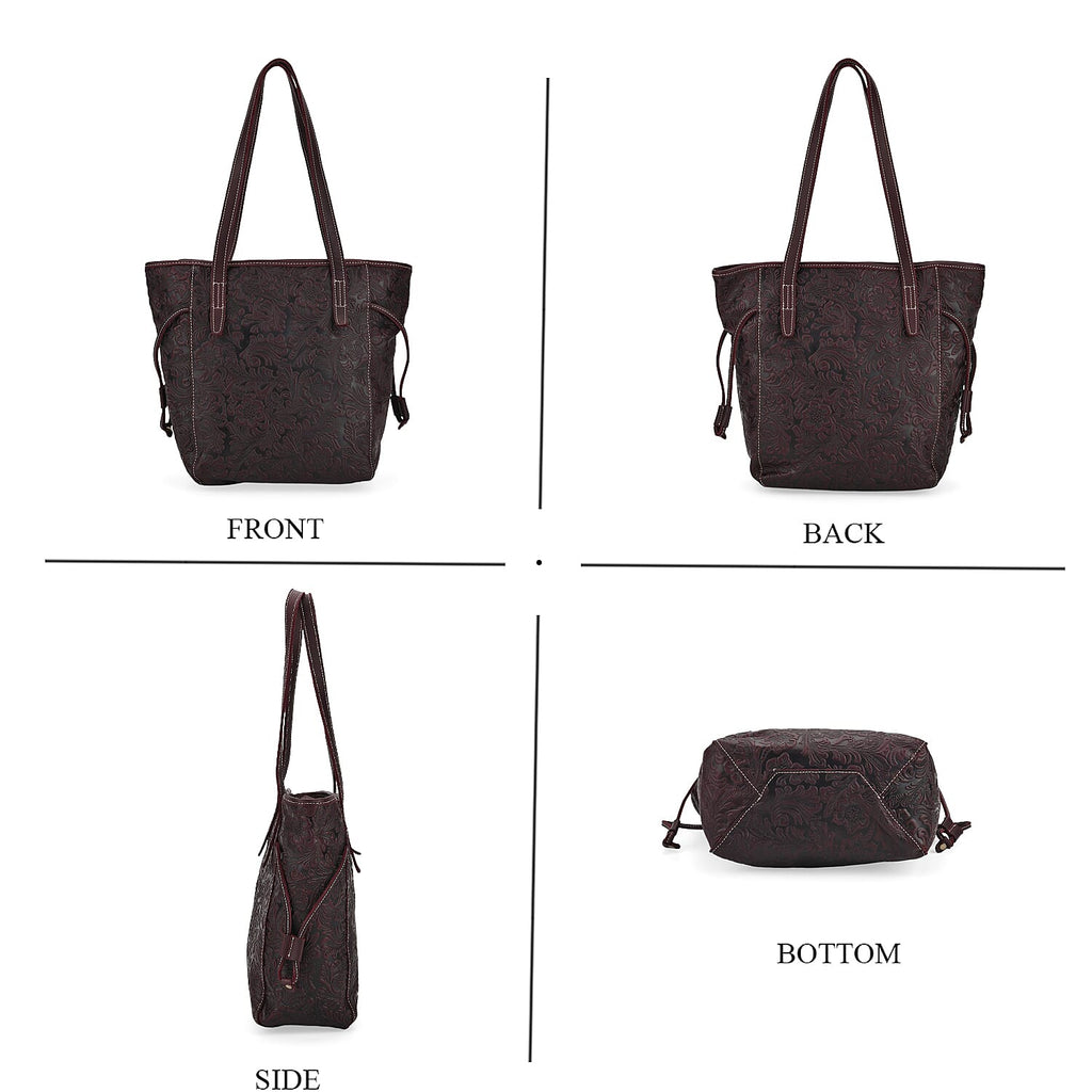 100% Genuine Leather Floral Embossed Tote Bag - Dark Coffee