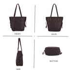 100% Genuine Leather Floral Embossed Tote Bag - Dark Coffee