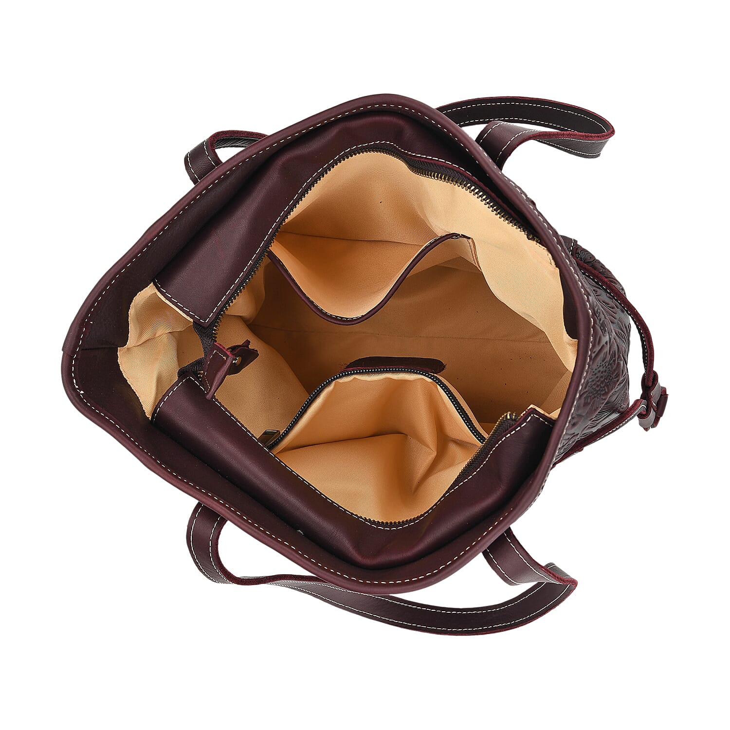 100% Genuine Leather Floral Embossed Tote Bag - Dark Coffee