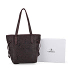 100% Genuine Leather Floral Embossed Tote Bag - Dark Coffee