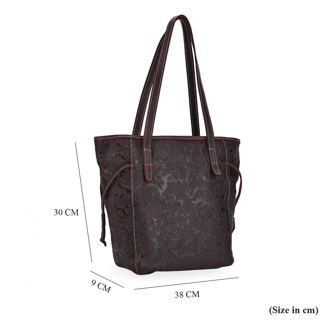 100% Genuine Leather Floral Embossed Tote Bag - Dark Coffee