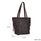 100% Genuine Leather Floral Embossed Tote Bag - Dark Coffee