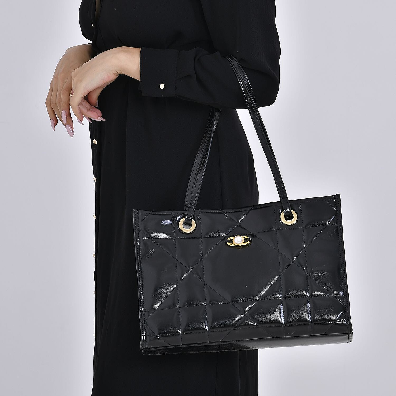MEGA CLOSEOUT DEAL- Designer Genuine Leather Geometric Pattern Quilted Tote Bag - Black
