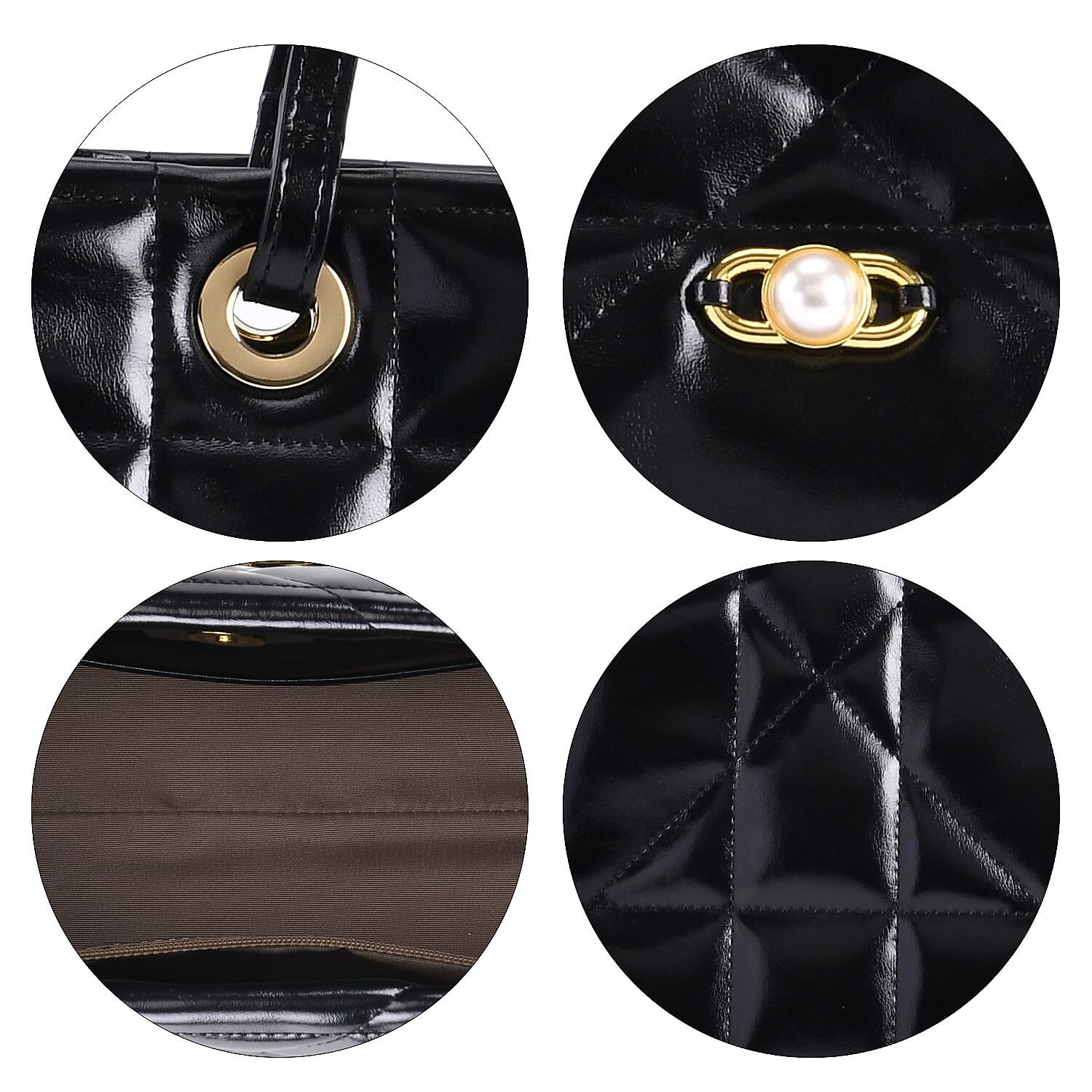 MEGA CLOSEOUT DEAL- Designer Genuine Leather Geometric Pattern Quilted Tote Bag - Black